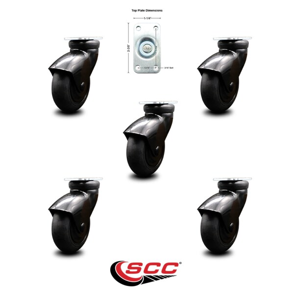 3 Inch Black Hooded Neoprene Rubber Top Plate Casters, 5PK